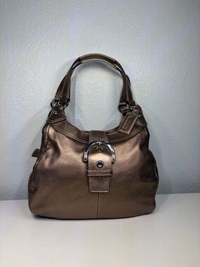 Coach SoHo Metallic Bronze Leather Hobo Shoulder Bag with Buckle Accent!